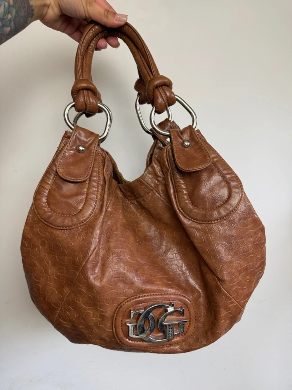 GUESS Vintage Brown Leather Hobo Bag Monogram Logo Y2K Shoulder Bag - Picture 1 of 14